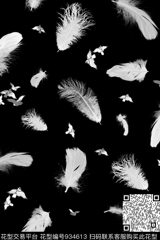 鸟羽毛黑白纹理数码印花华亿平台下载（图片编号: 934613） - 瓦栏（Walan）