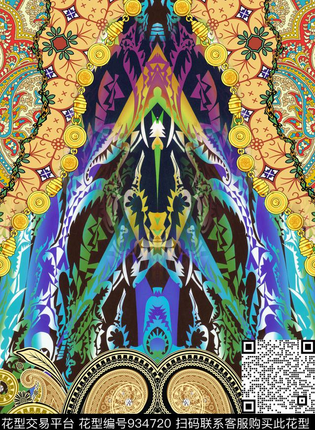 民族风定位花混合拼接数码印花华亿平台下载（图片编号: 934720） - 瓦栏（Walan）