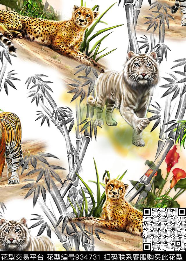 水墨风风景景观动物纹数码印花华亿平台下载（图片编号: 934731） - 瓦栏（Walan）