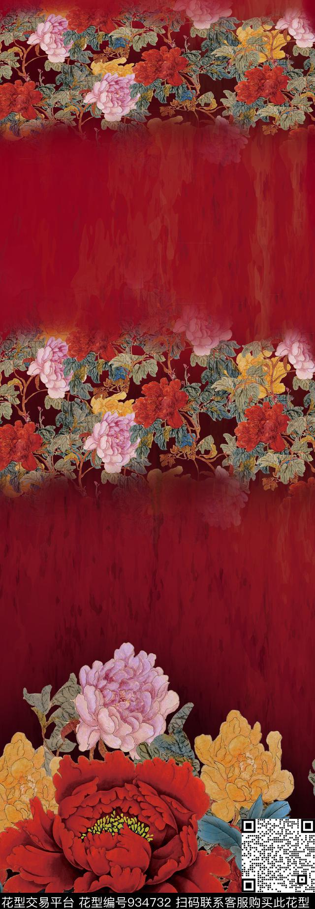 数码华亿平台大花中国风数码印花华亿平台下载（图片编号: 934732） - 瓦栏（Walan）