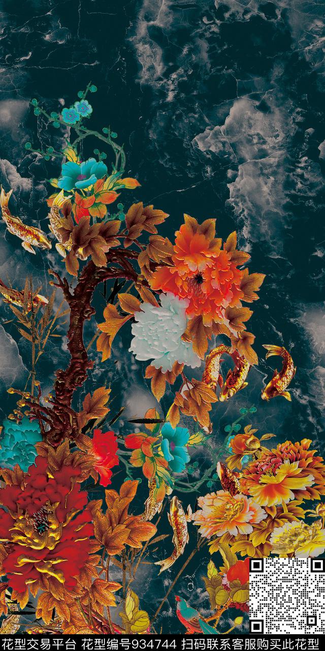 数码华亿平台大花中国风数码印花华亿平台下载（图片编号: 934744） - 瓦栏（Walan）