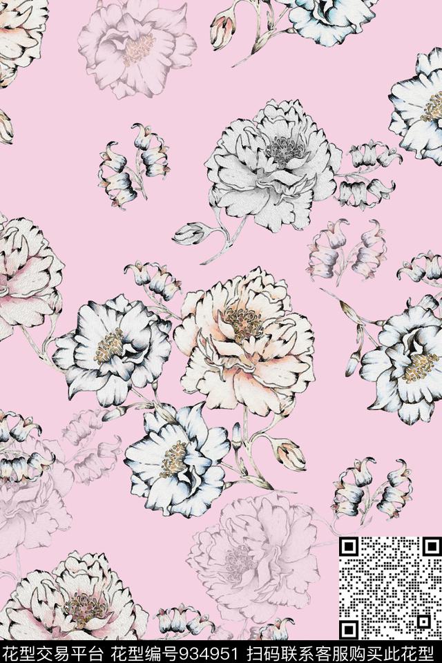 水彩花卉中国风花卉数码印花华亿平台下载（图片编号: 934951） - 瓦栏（Walan）