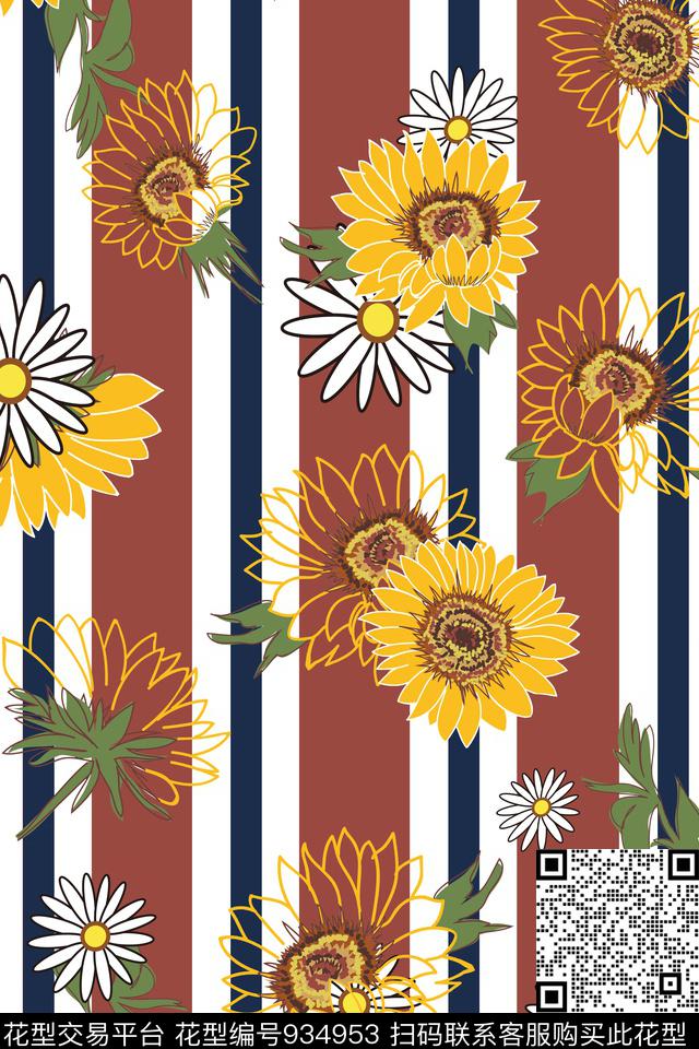 线条线条花卉向日葵数码印花华亿平台下载（图片编号: 934953） - 瓦栏（Walan）