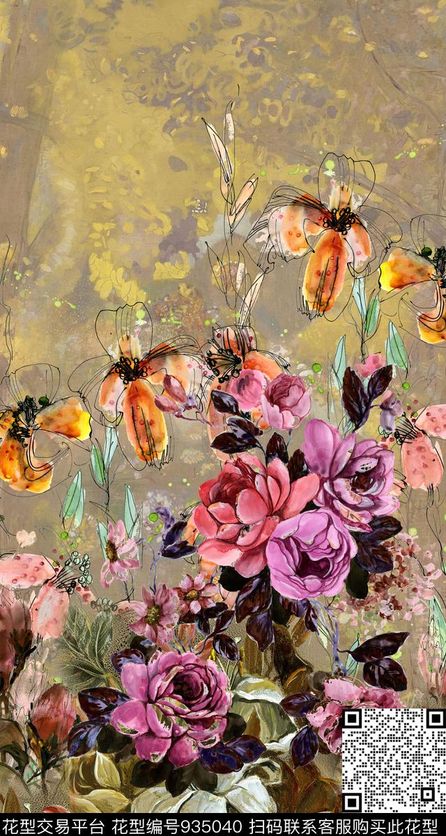 数码华亿平台定位花手绘花卉数码印花华亿平台下载（图片编号: 935040） - 瓦栏（Walan）