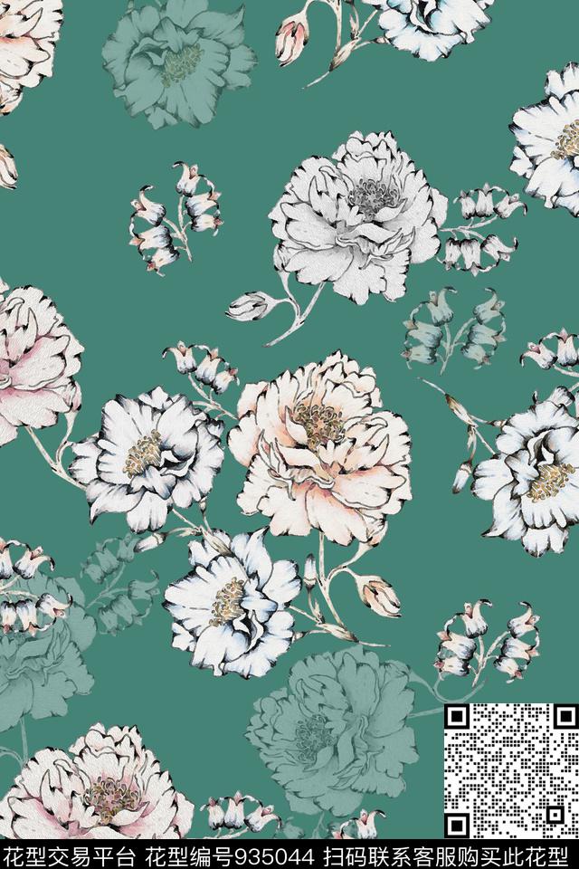 水彩花卉中国风花卉数码印花华亿平台下载（图片编号: 935044） - 瓦栏（Walan）