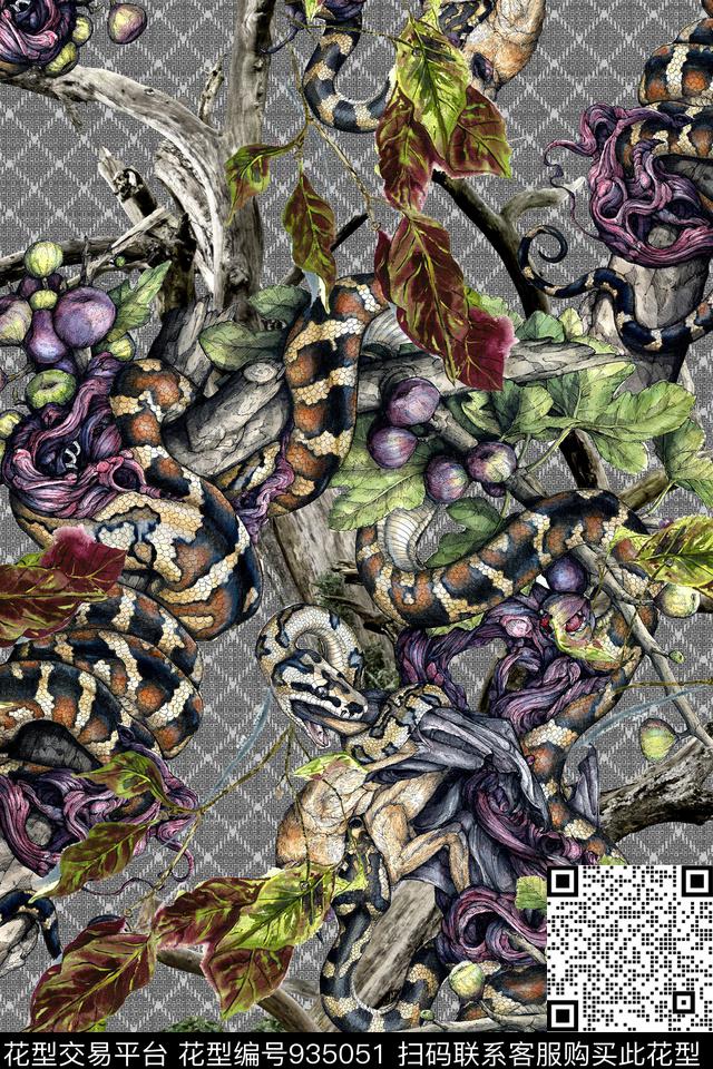 格子蛇动物花卉数码印花华亿平台下载（图片编号: 935051） - 瓦栏（Walan）