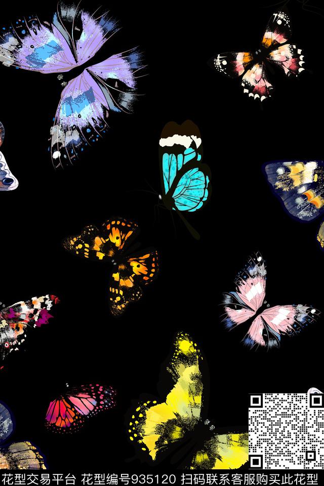 黑底花卉蝴蝶大牌风数码印花华亿平台下载（图片编号: 935120） - 瓦栏（Walan）