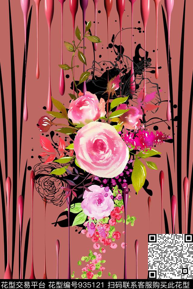 肌理彩底花卉条纹数码印花华亿平台下载（图片编号: 935121） - 瓦栏（Walan）