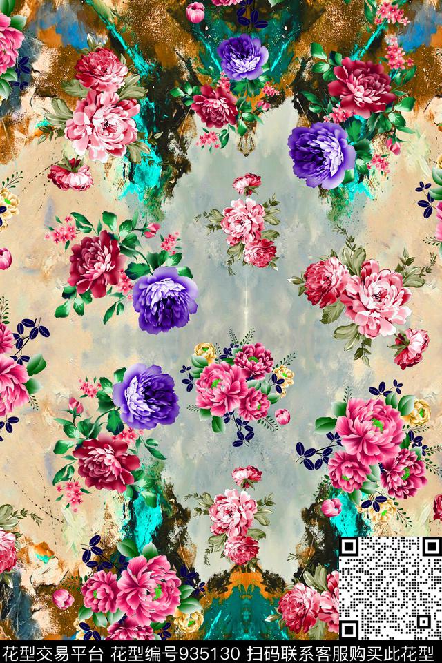 水彩花卉花卉对称花数码印花华亿平台下载（图片编号: 935130） - 瓦栏（Walan）