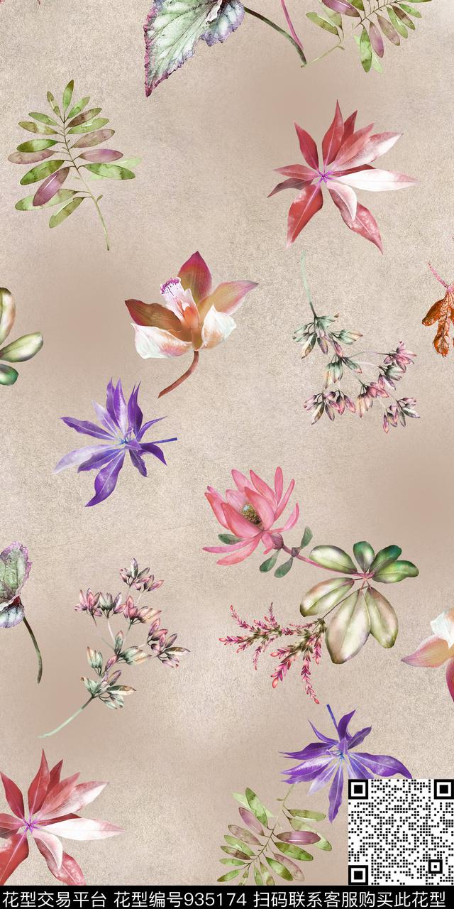手绘花卉素雅麻布华亿平台数码印花华亿平台下载（图片编号: 935174） - 瓦栏（Walan）