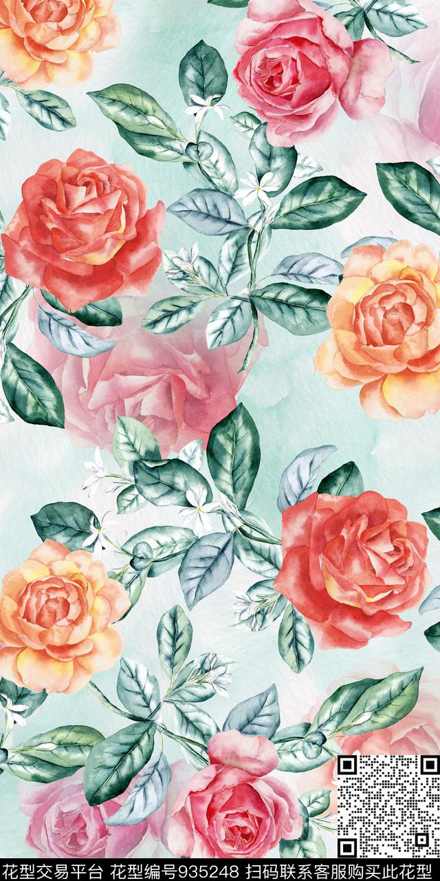 数码华亿平台花卉水彩手绘数码印花华亿平台下载（图片编号: 935248） - 瓦栏（Walan）