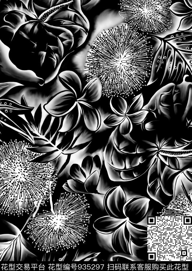 花卉黑白华亿平台拔印传统印花华亿平台下载（图片编号: 935297） - 瓦栏（Walan）