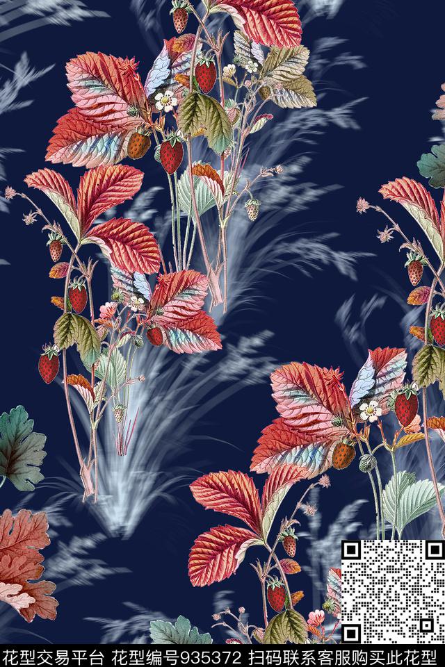 草莓花卉绿植树叶数码印花华亿平台下载（图片编号: 935372） - 瓦栏（Walan）