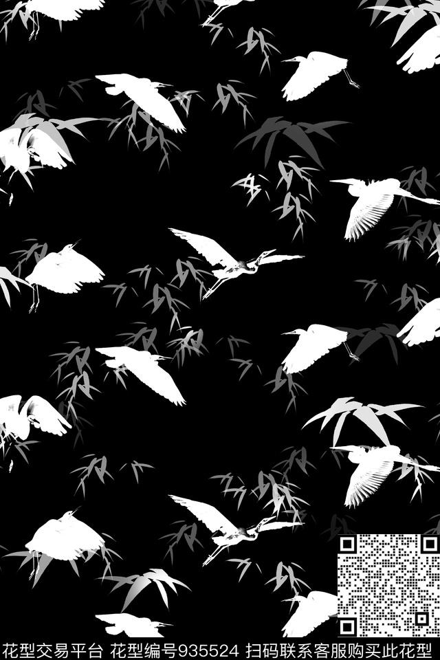 鸟男装黑底花卉传统印花华亿平台下载（图片编号: 935524） - 瓦栏（Walan）