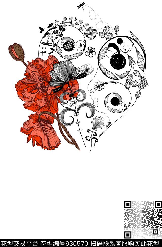 昆虫爱心花卉传统印花华亿平台下载（图片编号: 935570） - 瓦栏（Walan）