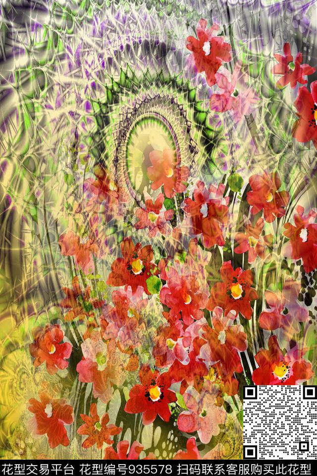 渐变花卉定位花数码印花华亿平台下载（图片编号: 935578） - 瓦栏（Walan）