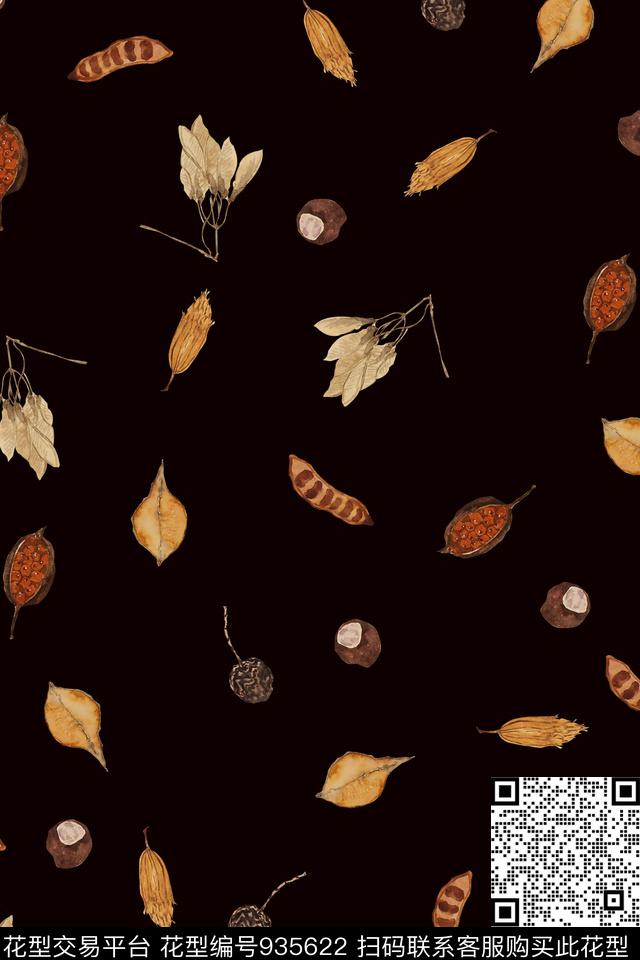 黑底花卉趣味草本植物数码印花华亿平台下载（图片编号: 935622） - 瓦栏（Walan）