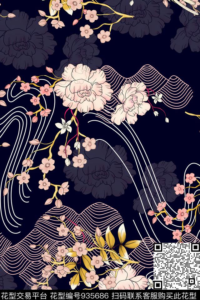 线条花卉数码华亿平台民族风数码印花华亿平台下载（图片编号: 935686） - 瓦栏（Walan）