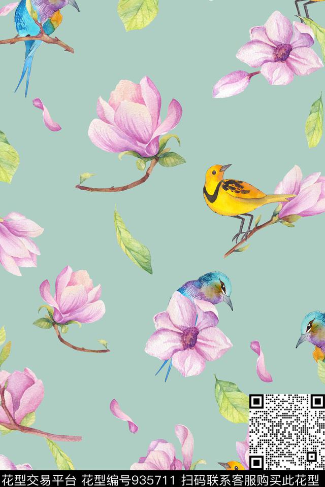 鸟水彩花卉花卉数码印花华亿平台下载（图片编号: 935711） - 瓦栏（Walan）
