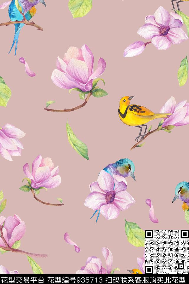 鸟水彩花卉花卉数码印花华亿平台下载（图片编号: 935713） - 瓦栏（Walan）