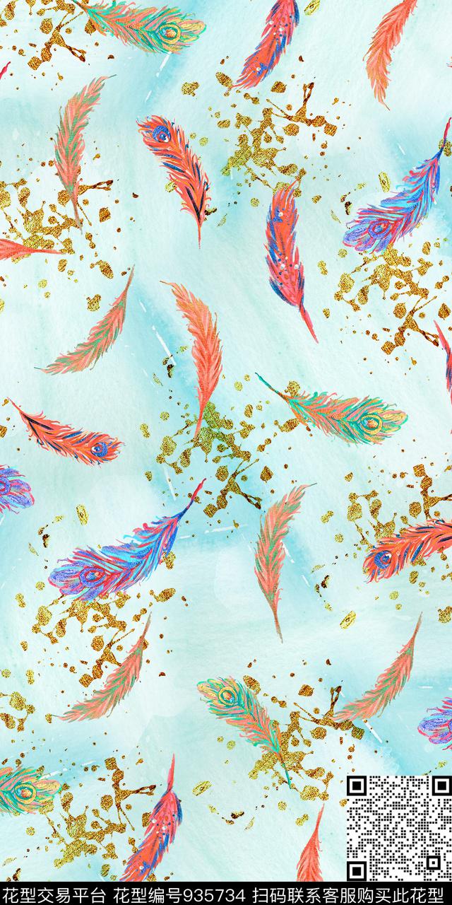 数码华亿平台羽毛手绘花卉数码印花华亿平台下载（图片编号: 935734） - 瓦栏（Walan）