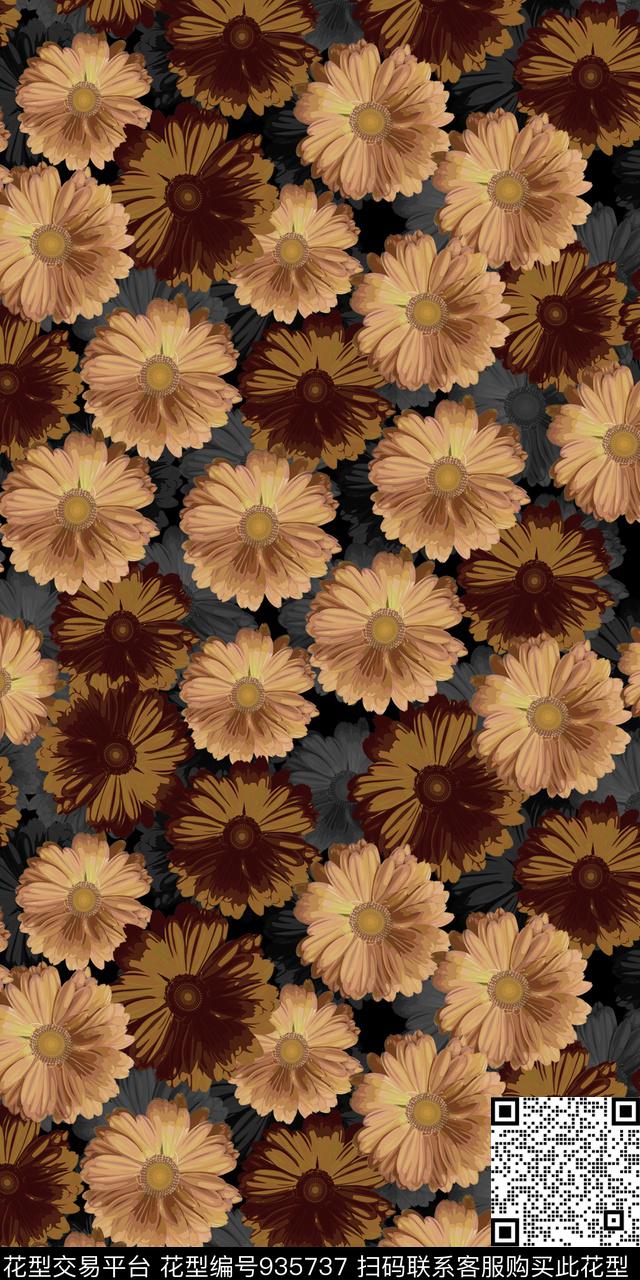 数码华亿平台手绘花卉黑底花卉数码印花华亿平台下载（图片编号: 935737） - 瓦栏（Walan）