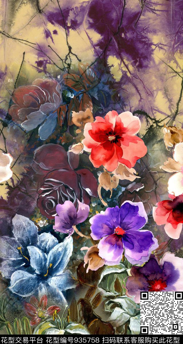 数码华亿平台手绘花卉花卉数码印花华亿平台下载（图片编号: 935758） - 瓦栏（Walan）