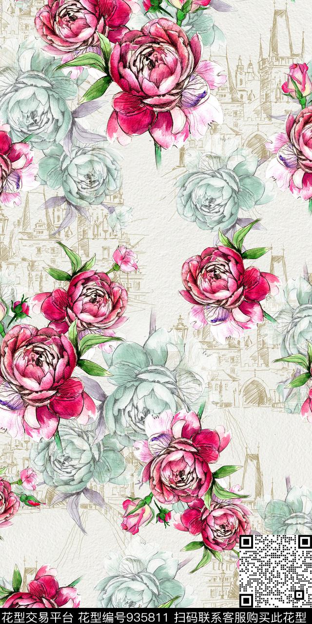 数码华亿平台手绘花卉满版散花数码印花华亿平台下载（图片编号: 935811） - 瓦栏（Walan）
