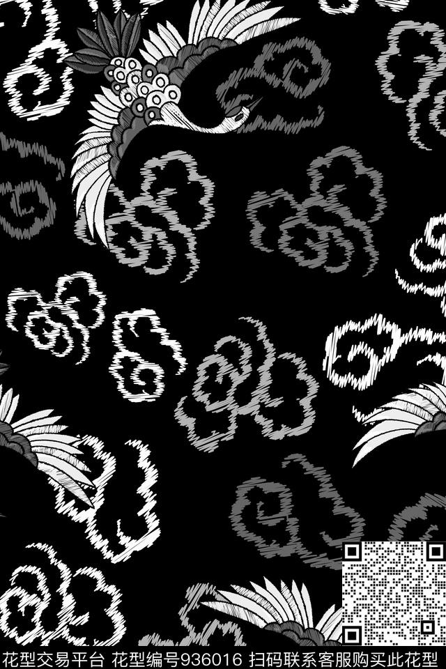 男装黑白华亿平台仙鹤传统印花华亿平台下载（图片编号: 936016） - 瓦栏（Walan）