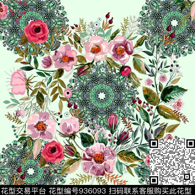 手绘花卉民族风小方巾数码印花华亿平台下载（图片编号: 936093） - 瓦栏（Walan）