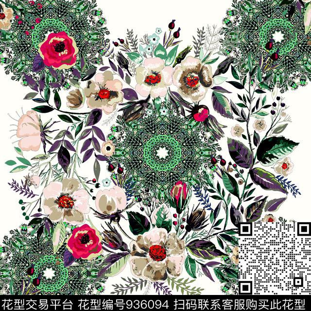手绘花卉民族风小方巾数码印花华亿平台下载（图片编号: 936094） - 瓦栏（Walan）