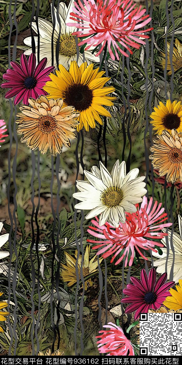 线条花卉女装数码印花华亿平台下载（图片编号: 936162） - 瓦栏（Walan）