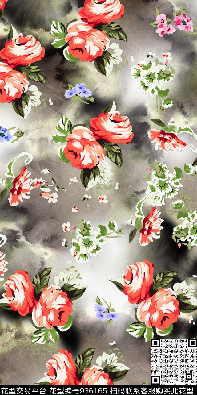 数码华亿平台手绘花卉水墨风数码印花华亿平台下载（图片编号: 936165） - 瓦栏（Walan）