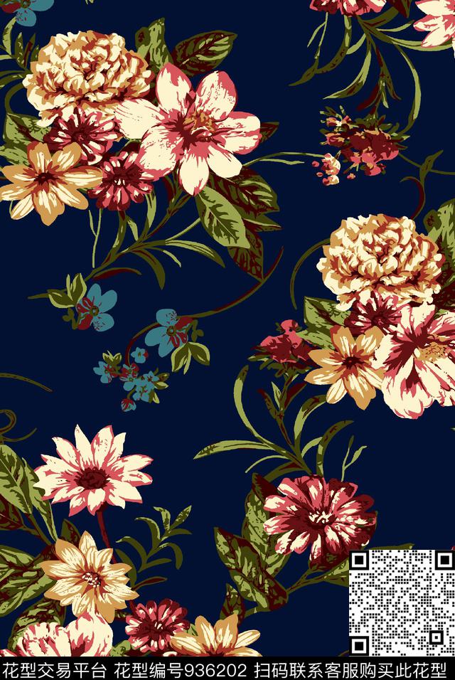 数码华亿平台秋冬华亿平台黑底花卉数码印花华亿平台下载（图片编号: 936202） - 瓦栏（Walan）