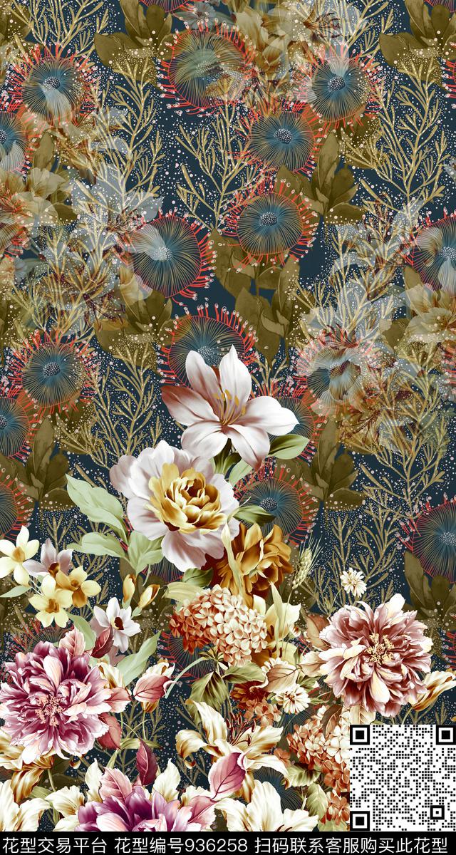 数码华亿平台手绘花卉定位花数码印花华亿平台下载（图片编号: 936258） - 瓦栏（Walan）