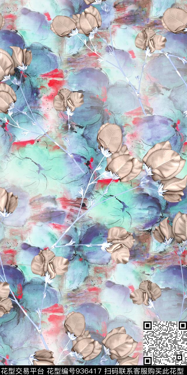 数码华亿平台水墨风绿植树叶数码印花华亿平台下载（图片编号: 936417） - 瓦栏（Walan）