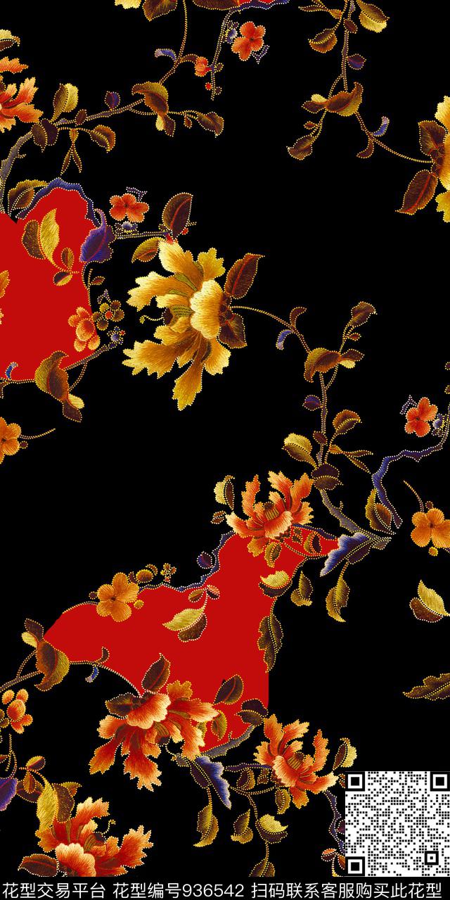 手绘花卉花卉大牌风数码印花华亿平台下载（图片编号: 936542） - 瓦栏（Walan）
