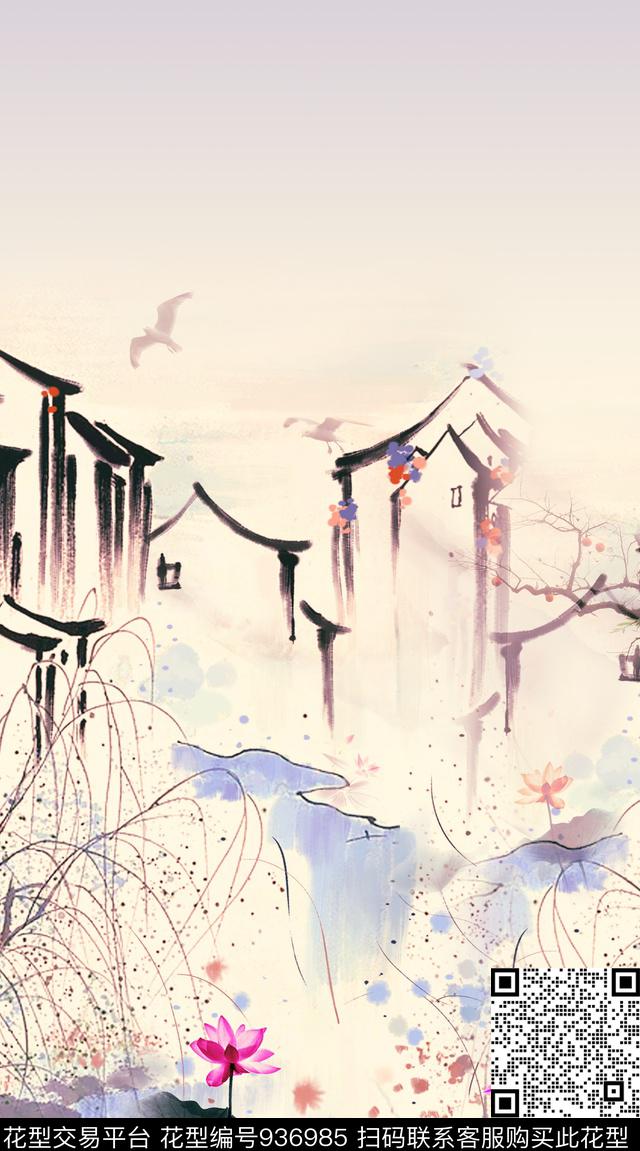荷花水墨风景建筑数码印花华亿平台下载（图片编号: 936985） - 瓦栏（Walan）