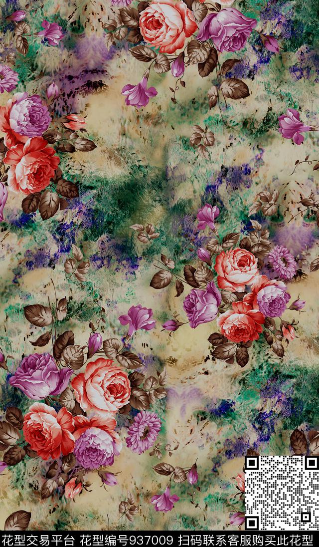 数码华亿平台手绘花卉定位花数码印花华亿平台下载（图片编号: 937009） - 瓦栏（Walan）