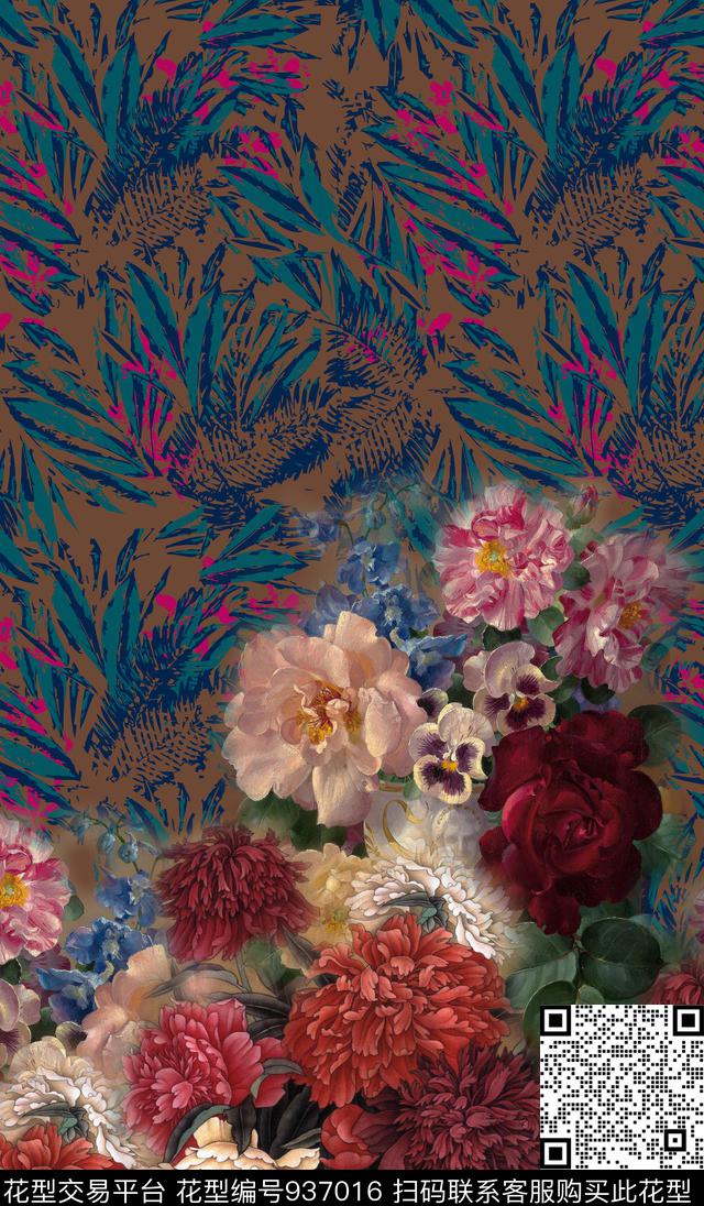数码华亿平台手绘花卉定位花数码印花华亿平台下载（图片编号: 937016） - 瓦栏（Walan）
