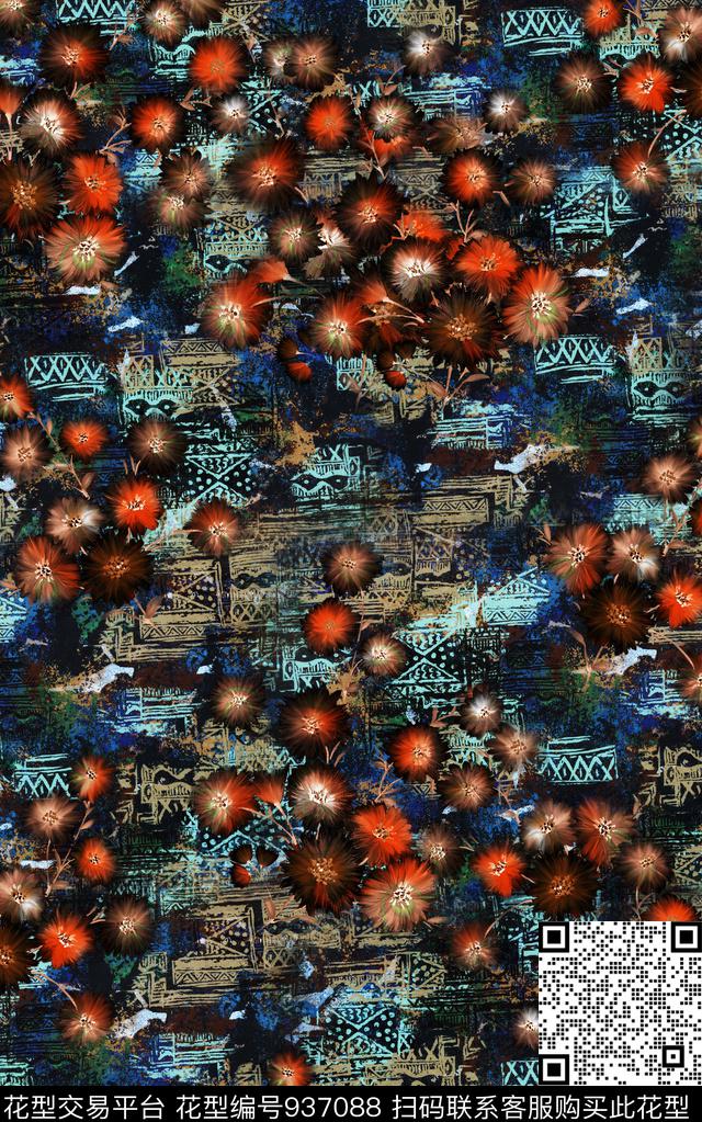 数码华亿平台民族风花卉数码印花华亿平台下载（图片编号: 937088） - 瓦栏（Walan）