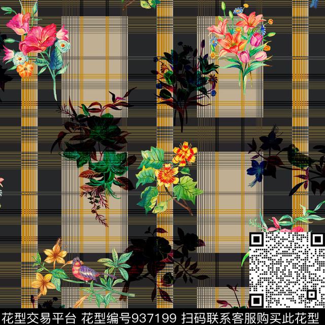 手绘花卉格子花卉数码印花华亿平台下载（图片编号: 937199） - 瓦栏（Walan）