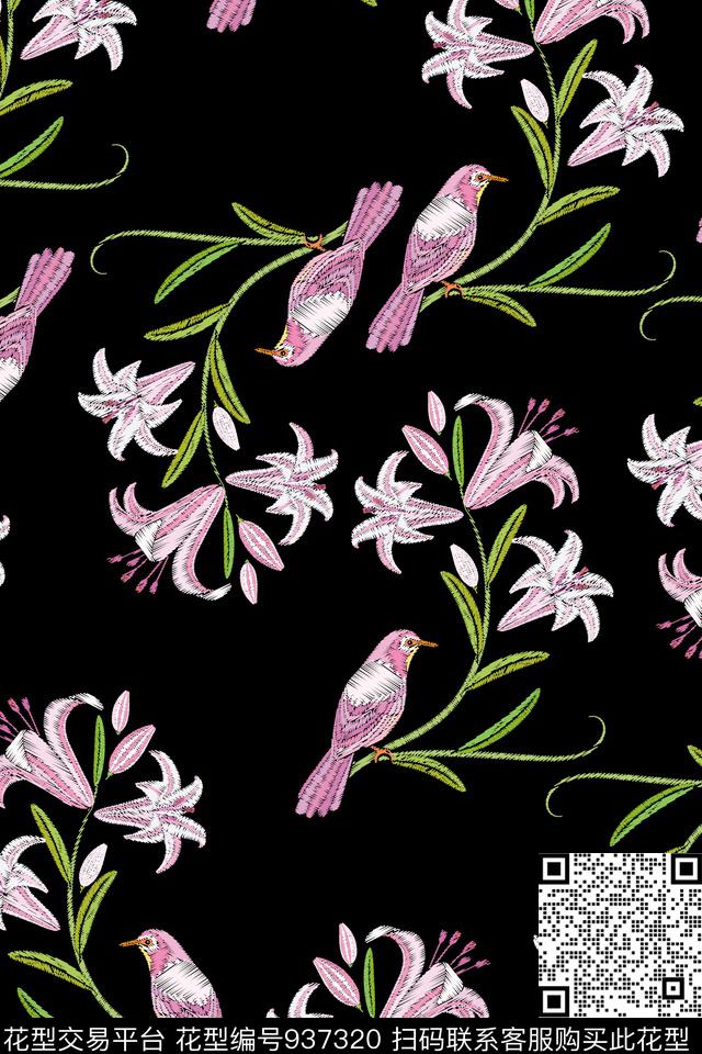 郁金香年轻女性百合传统印花华亿平台下载（图片编号: 937320） - 瓦栏（Walan）