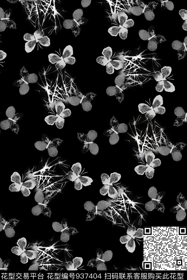 黑白华亿平台树枝蝴蝶数码印花华亿平台下载（图片编号: 937404） - 瓦栏（Walan）