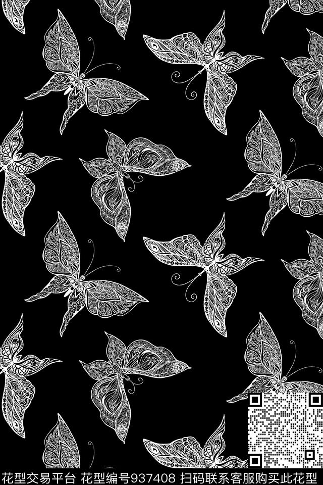 矢量蝴蝶拔印传统印花华亿平台下载（图片编号: 937408） - 瓦栏（Walan）