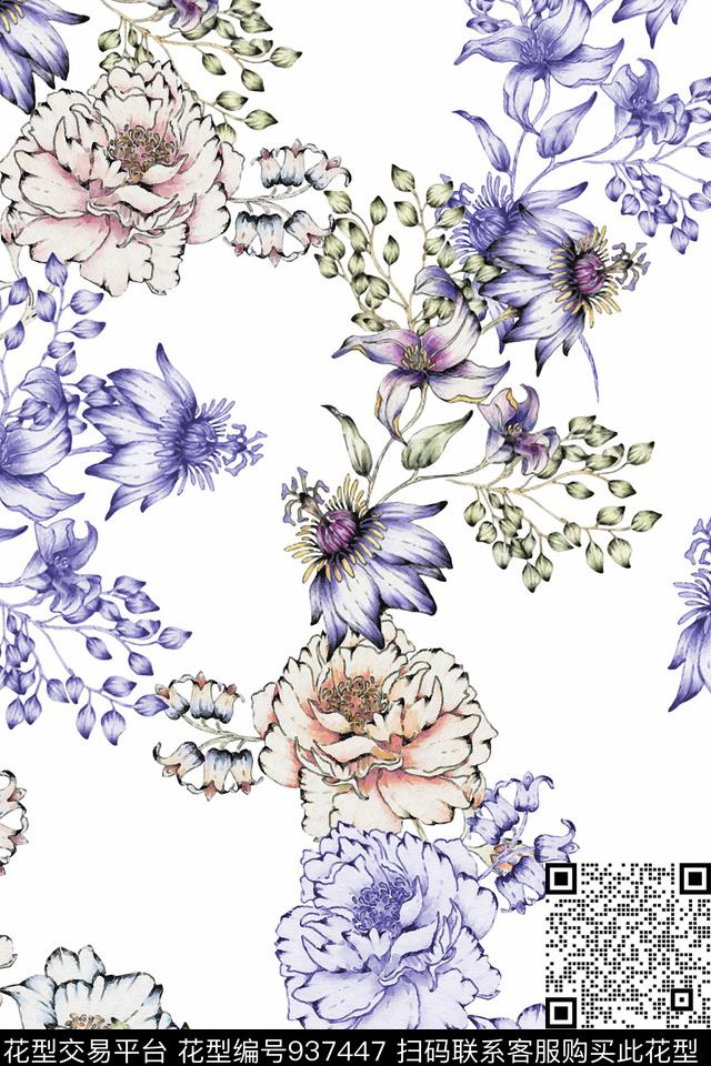 民族风水彩花卉花卉数码印花华亿平台下载（图片编号: 937447） - 瓦栏（Walan）