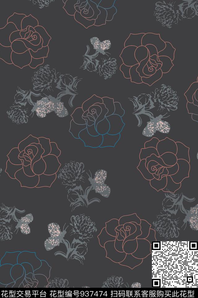 玫瑰花风格化花卉绿植树叶传统印花华亿平台下载（图片编号: 937474） - 瓦栏（Walan）