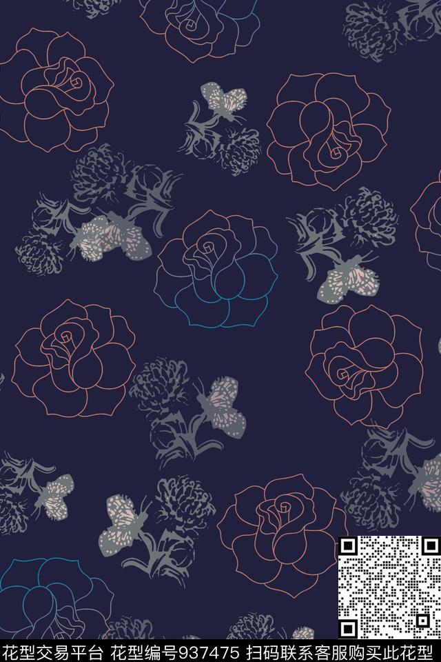 玫瑰花风格化花卉绿植树叶传统印花华亿平台下载（图片编号: 937475） - 瓦栏（Walan）