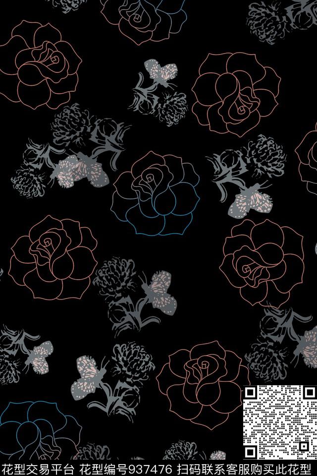 玫瑰花风格化花卉绿植树叶传统印花华亿平台下载（图片编号: 937476） - 瓦栏（Walan）