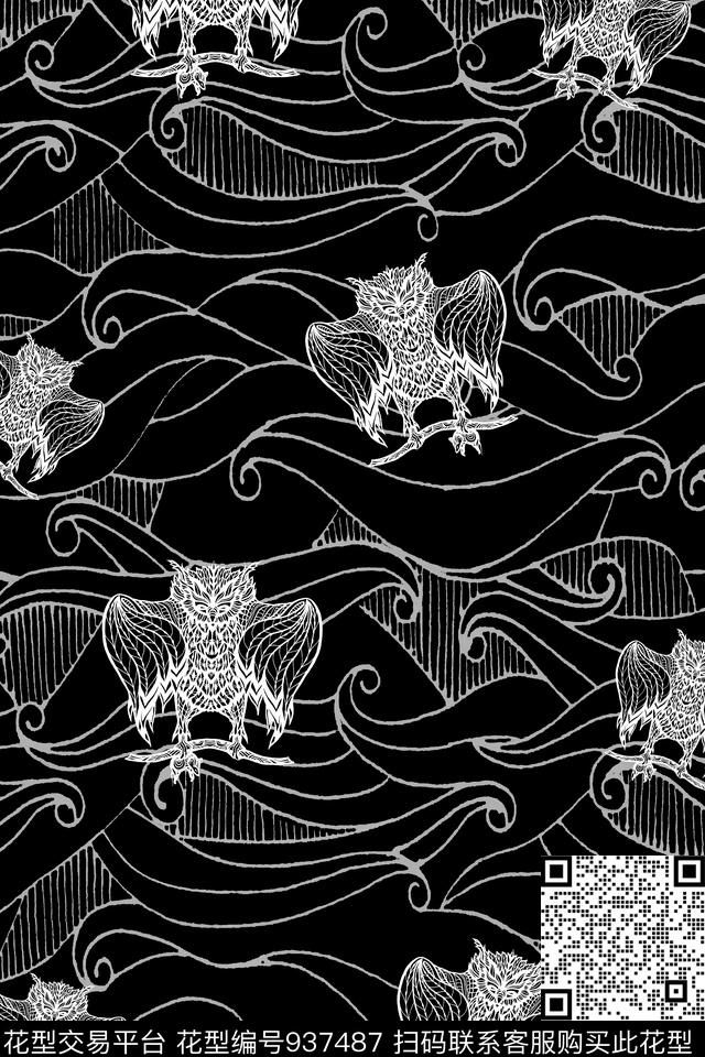 猫头鹰线条肌理传统印花华亿平台下载（图片编号: 937487） - 瓦栏（Walan）
